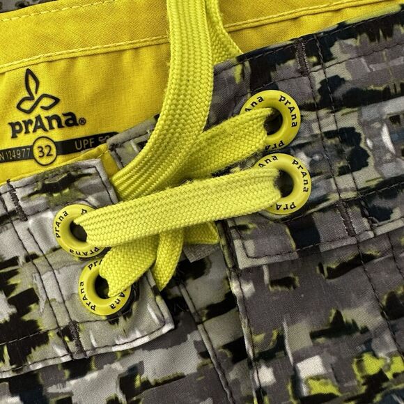 Prana UPF 50+ Board Shorts Swim Trunks Mens Sz 32 Yellow Black Gray Abstract Tie - Picture 6 of 7